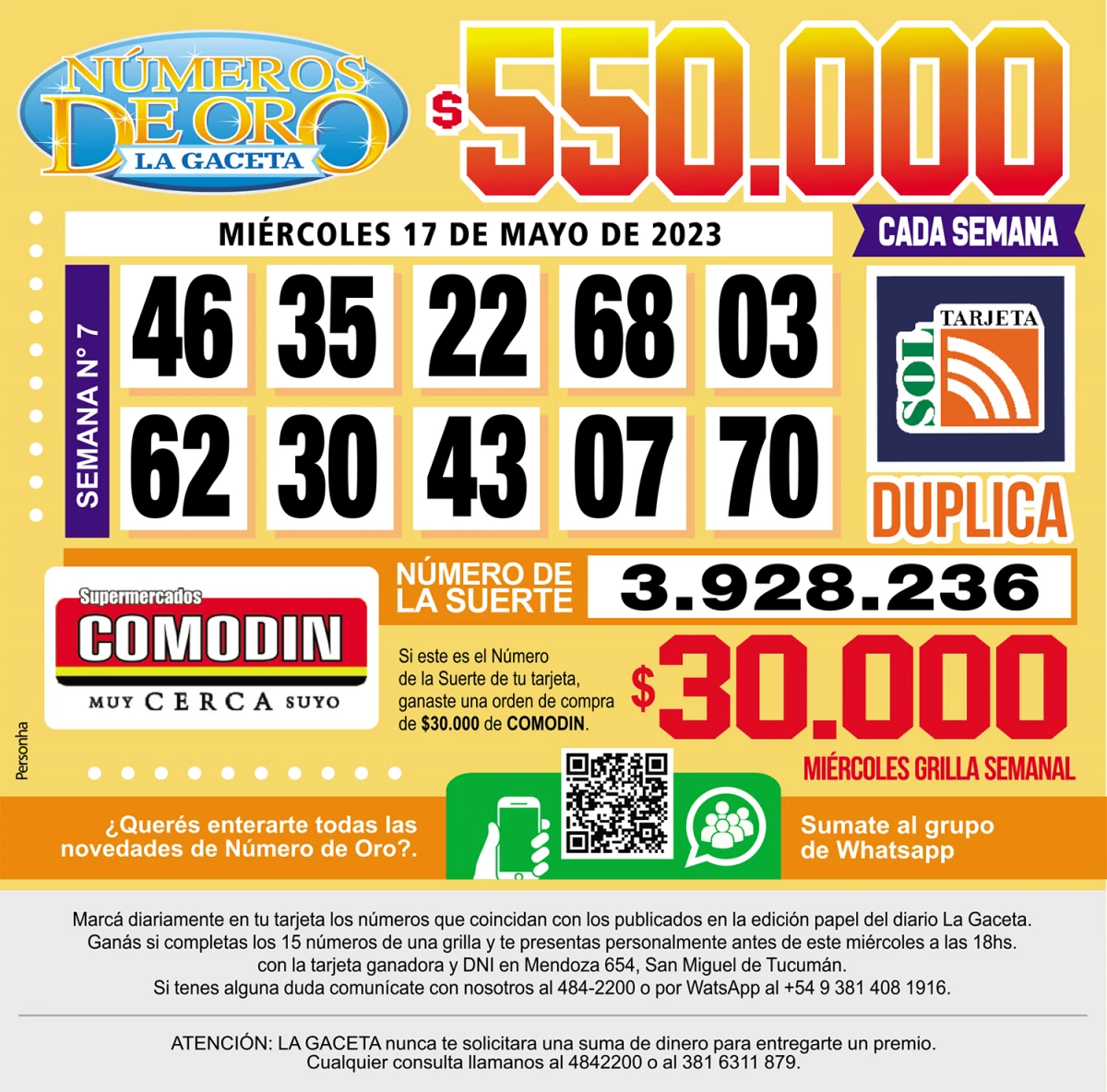 Los Números de Oro de LA GACETA del 17 de mayo de 2023