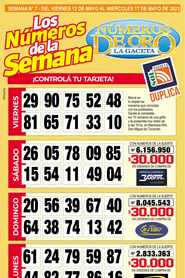 Esta es la grilla completa de los Números de Oro de LA GACETA del 17 de mayo de 2023