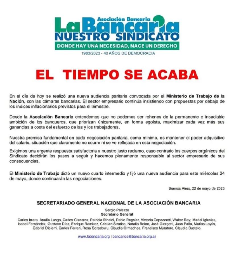 Bancarios de todo el país reclaman por las paritarias y alertan: El tiempo se acaba
