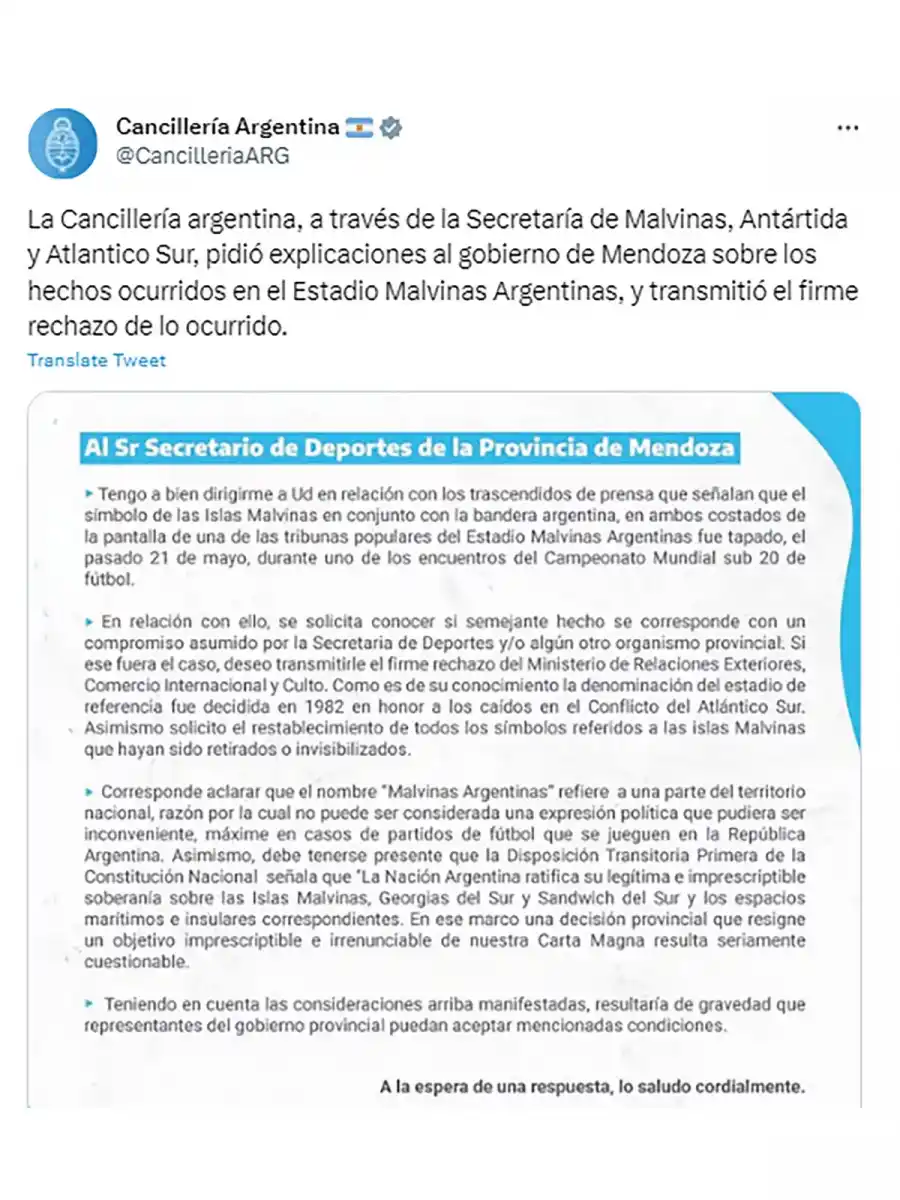 Mundial Sub-20: revelaron los motivos por los que taparon el cartel de las Islas Malvinas en Mendoza