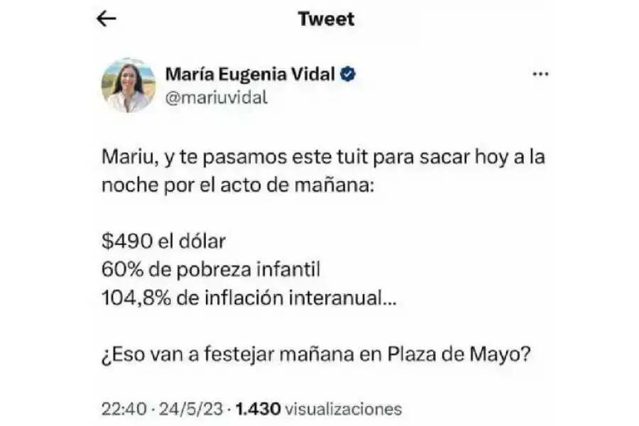 El tuit de María Eugenia Vidal que borró a los pocos minutos.