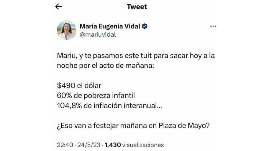 El tuit de María Eugenia Vidal que borró a los pocos minutos.