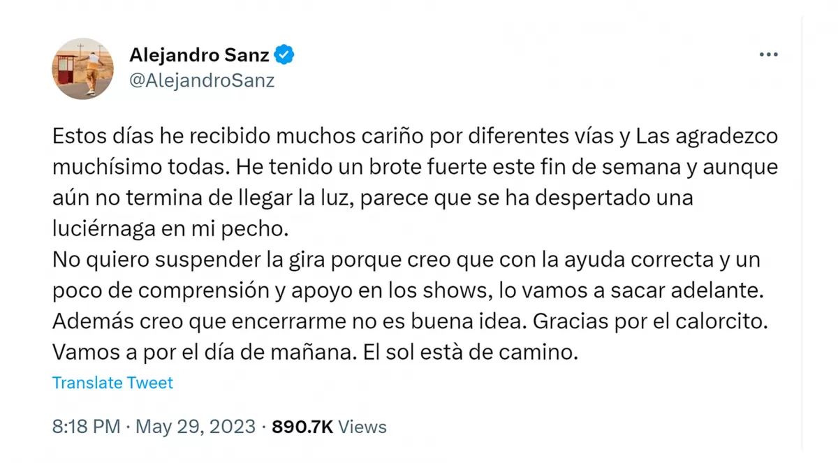 Alejando Sanz llevó tranquilidad a sus fans
