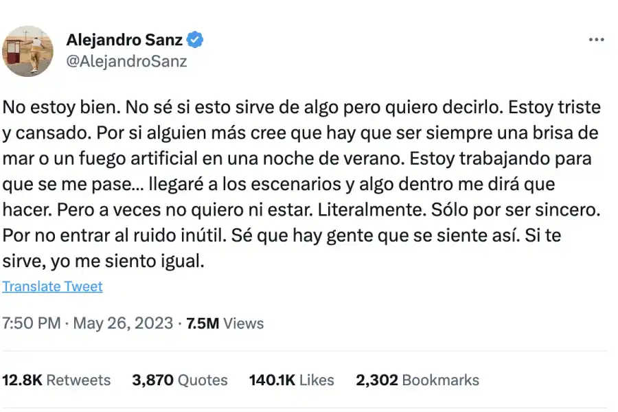El mensaje de Alejandro Sanz que preocupó a sus fans