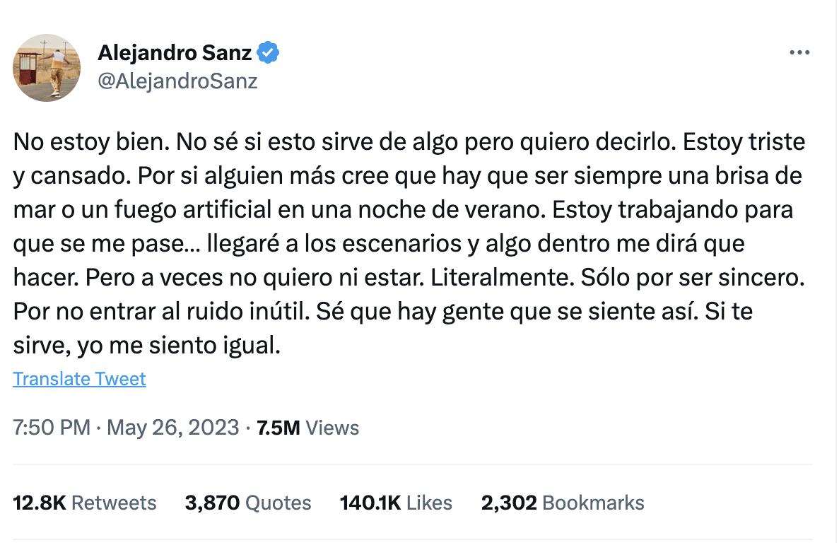El mensaje de Alejandro Sanz que preocupó a sus fans
