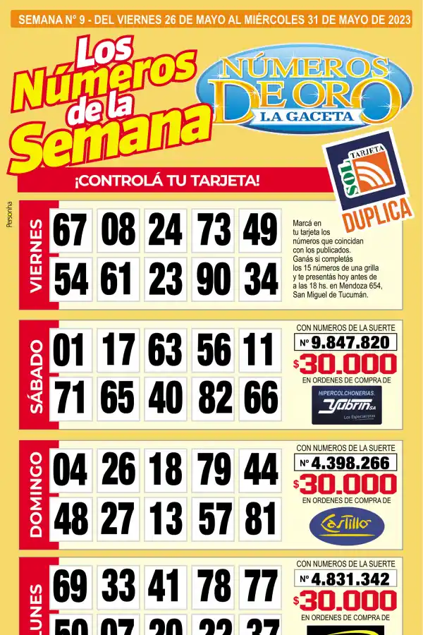 Esta es la grilla completa de los Números de Oro de LA GACETA del 31 de mayo de 2023