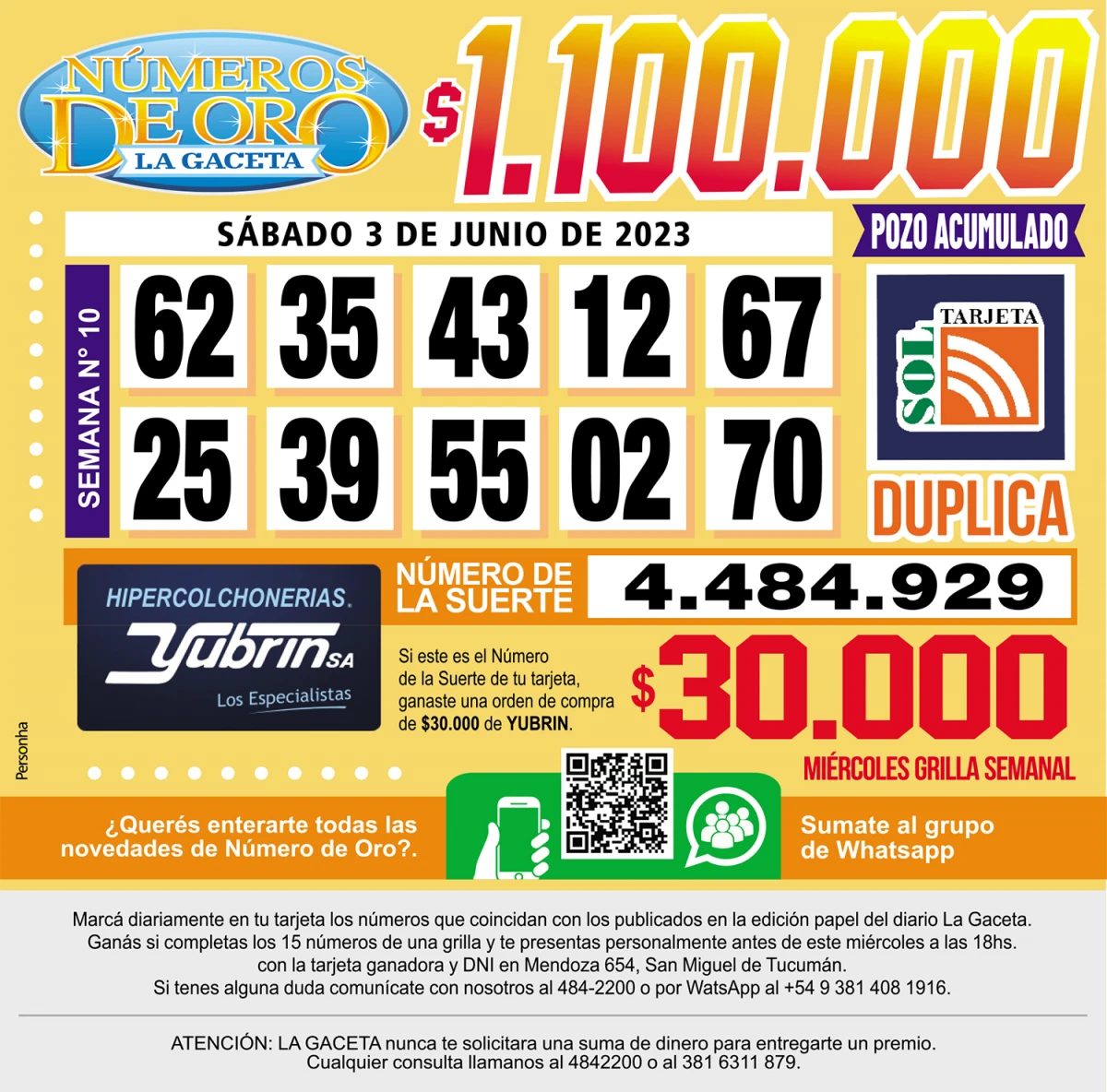 Los Números de Oro de LA GACETA del 3 de junio de 2023