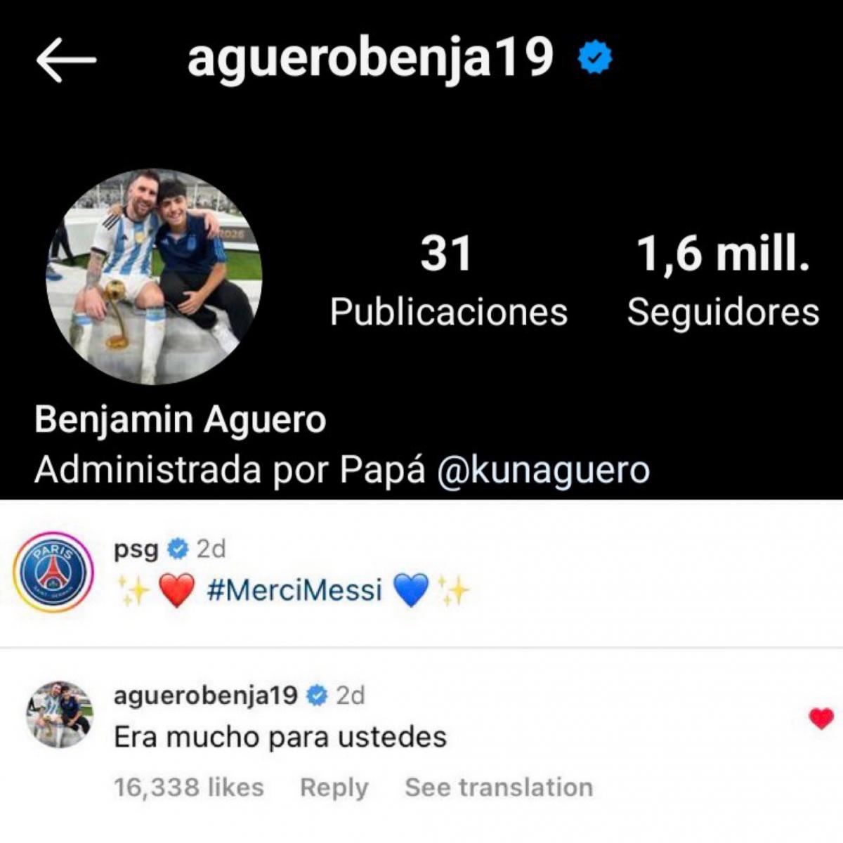 El irónico comentario de Benjamín Agüero al PSG en Instagram luego de la despedida de Lionel Messi: “Era mucho”
