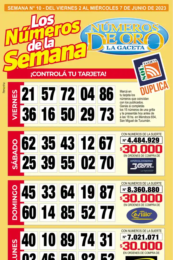 Esta es la grilla completa de los Números de Oro de LA GACETA del 7 de junio de 2023