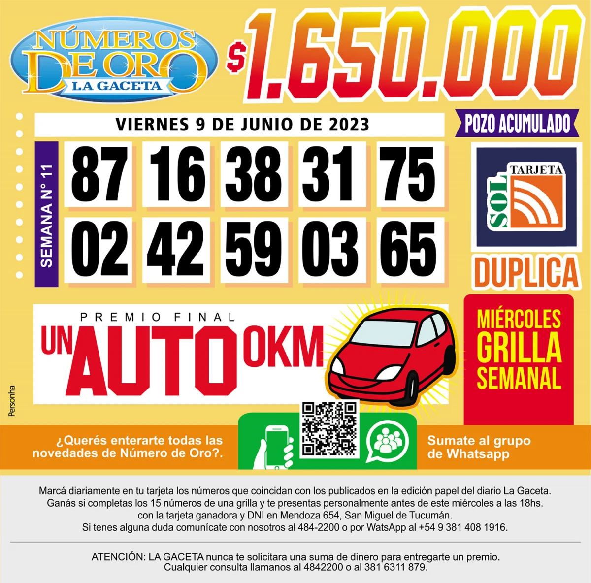 Los Números de Oro de LA GACETA del 9 de junio de 2023