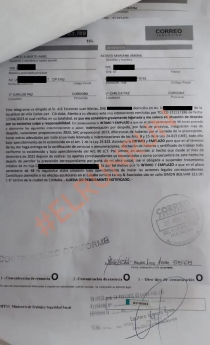 El telegrama enviado por la denunciante a Matías Alé.
