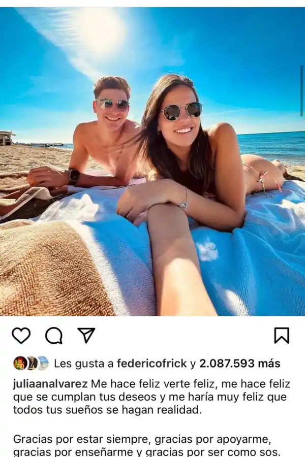 El posteo de Julián Álvarez a Emilia Ferrero.