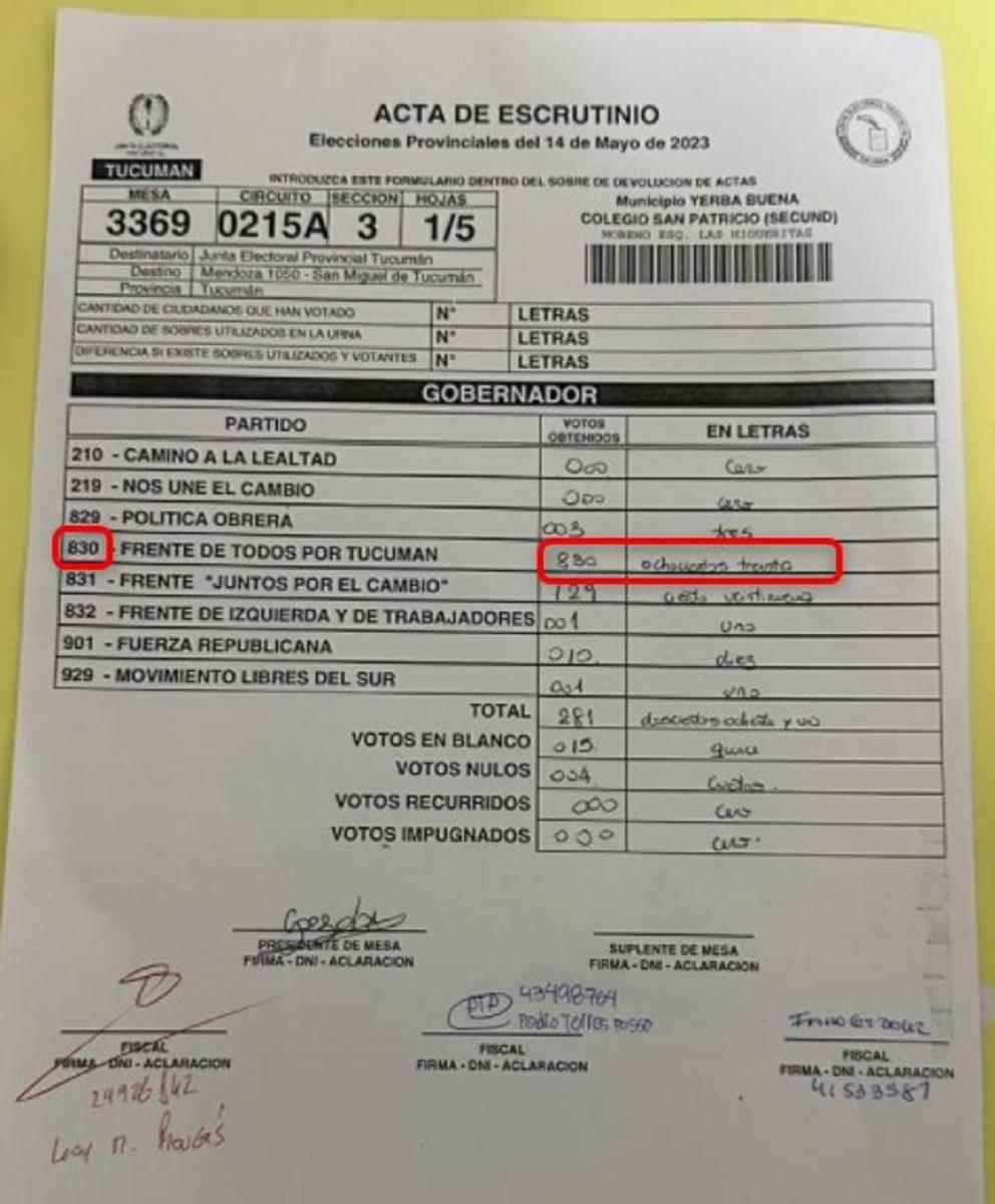 Captura de pantalla del acta de escrutinio viralizada, hecha el 13 de junio de 2023. 