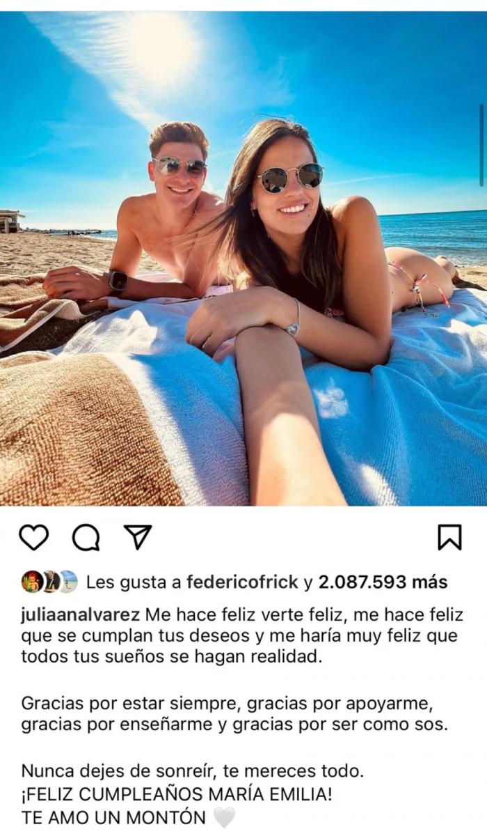 El posteo de Julián Álvarez a Emilia Ferrero.