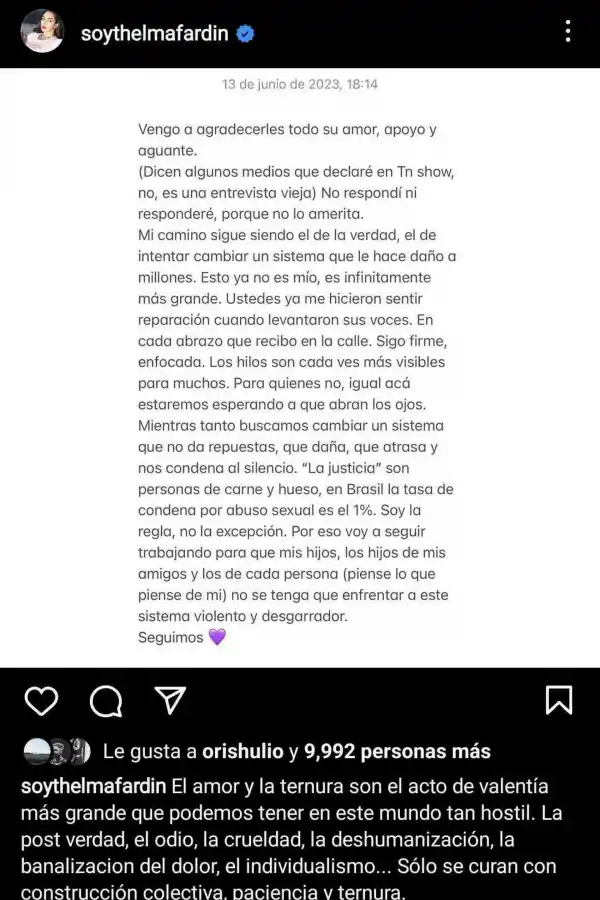 Thelma Fardín redobló la apuesta tras la reaparición de Juan Darthés: “Los hilos son cada vez más visibles”