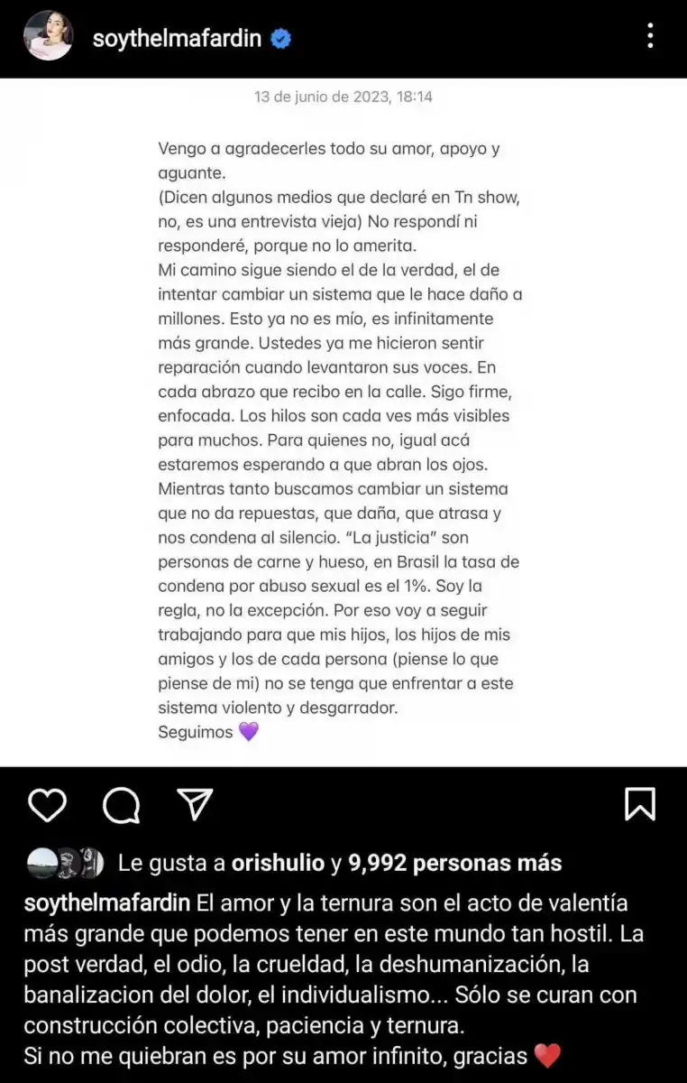 Thelma Fardín redobló la apuesta tras la reaparición de Juan Darthés: “Los hilos son cada vez más visibles”