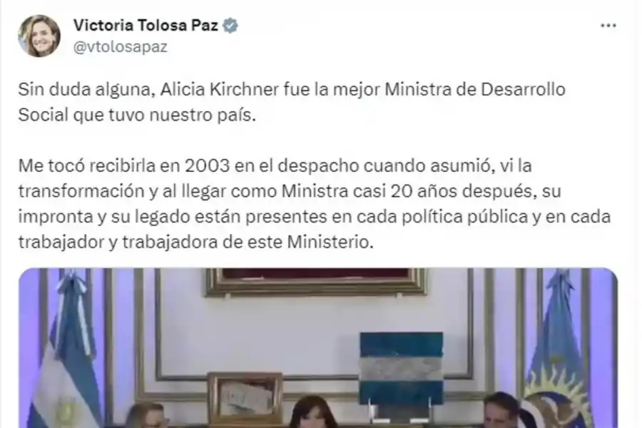 Cristina Kirchner dijo que Alicia Kirchner fue la mejor ministra de Desarrollo Social del país y Tolosa Paz respondió
