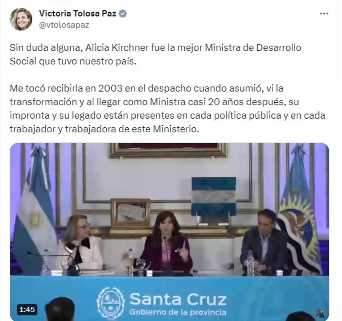 Cristina Kirchner dijo que Alicia Kirchner fue la mejor ministra de Desarrollo Social del país y Tolosa Paz respondió