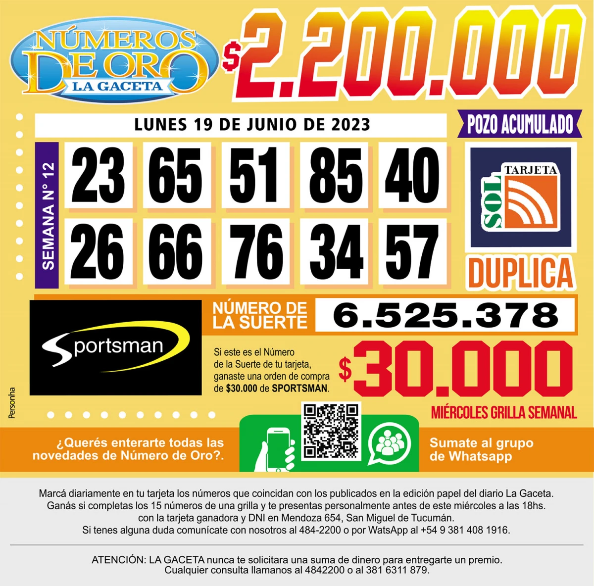 Los Números de Oro de LA GACETA del 19 de junio de 2023