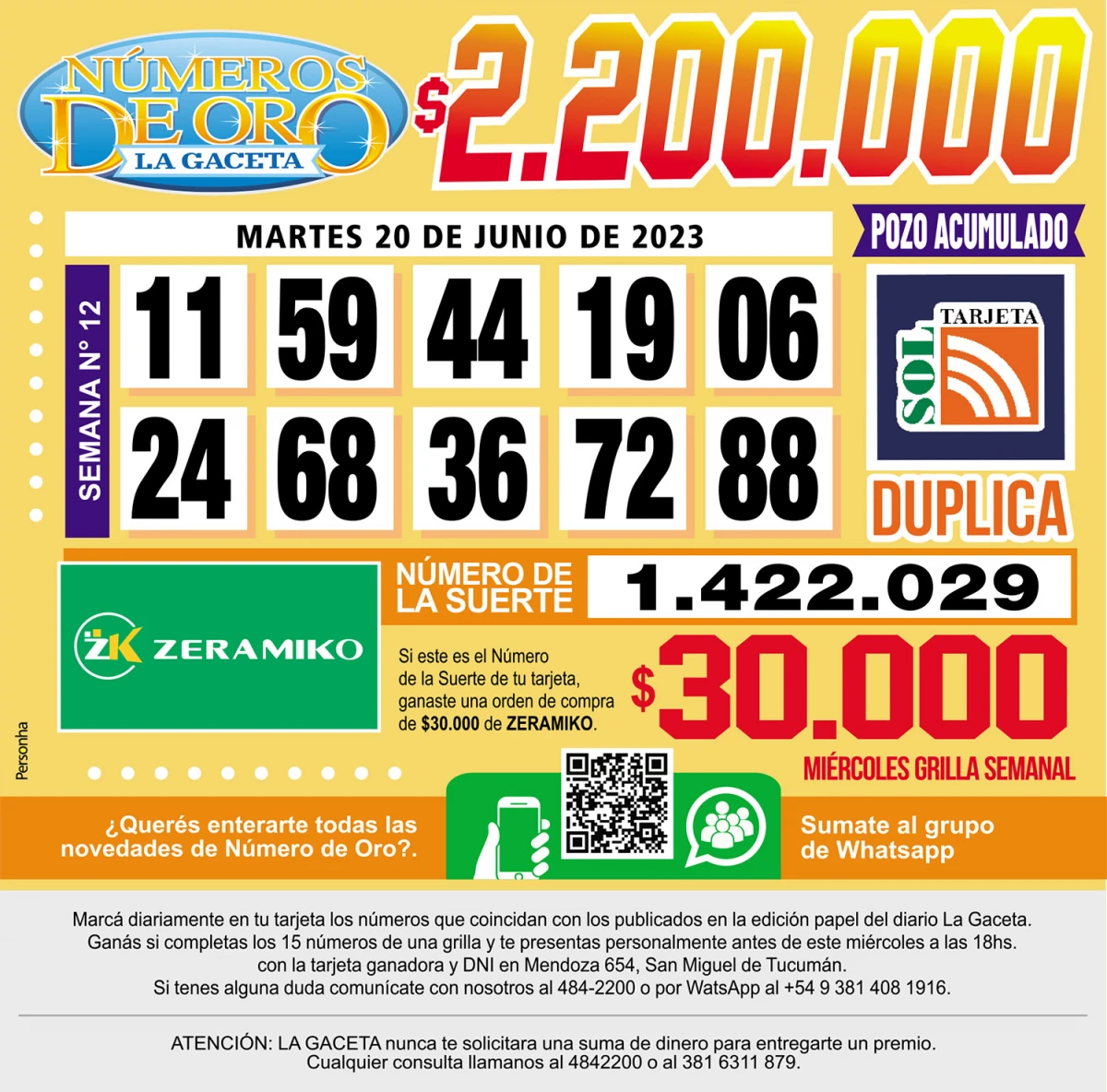 Los Números de Oro de LA GACETA del 20 de junio de 2023