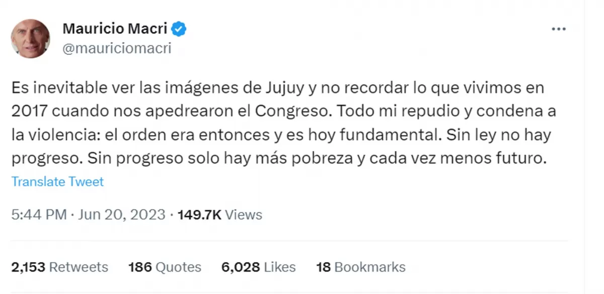 Mauricio Macri condenó la violencia en Jujuy: Sin ley no hay progreso