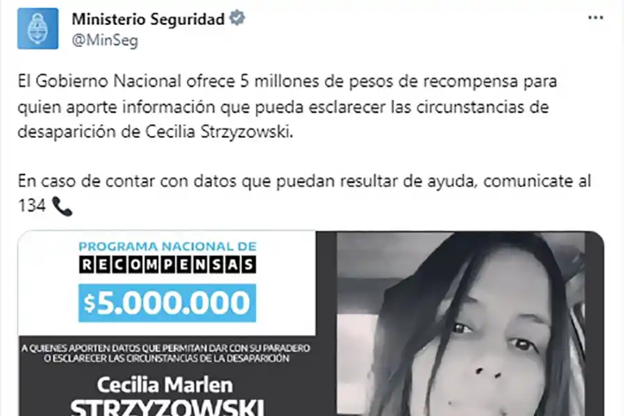Caso Cecilia Strzyzowski: el Gobierno ofrece $5 millones por datos de la desaparición de la joven