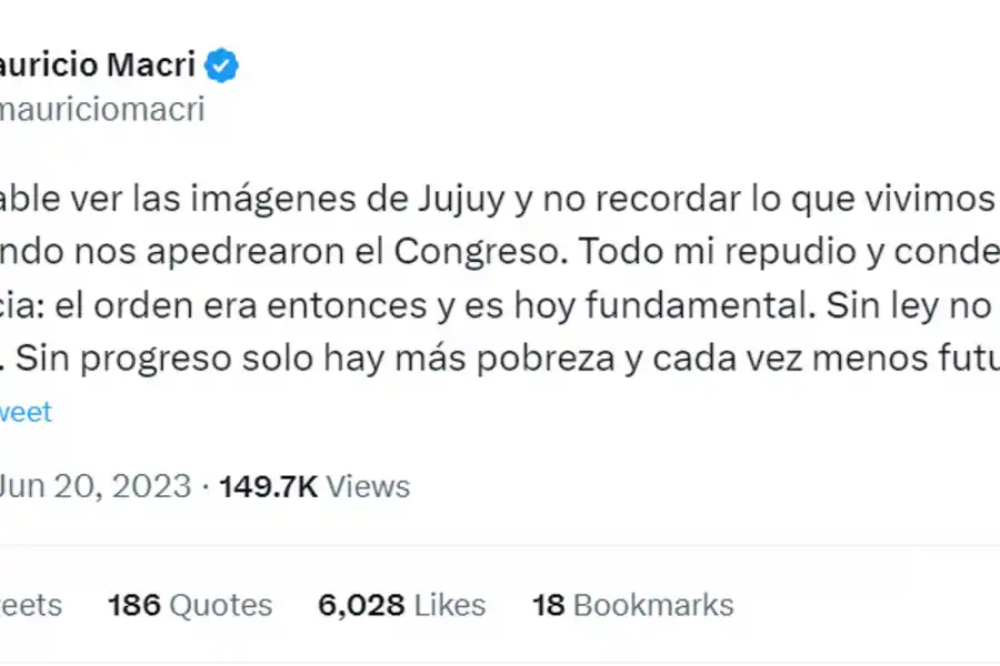 Mauricio Macri condenó la violencia en Jujuy: Sin ley no hay progreso