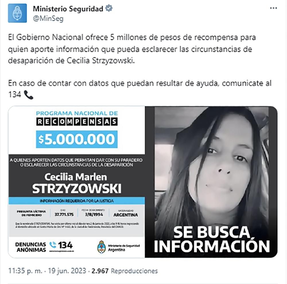 Caso Cecilia Strzyzowski: el Gobierno ofrece $5 millones por datos de la desaparición de la joven
