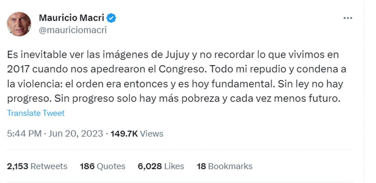 Mauricio Macri condenó la violencia en Jujuy: Sin ley no hay progreso