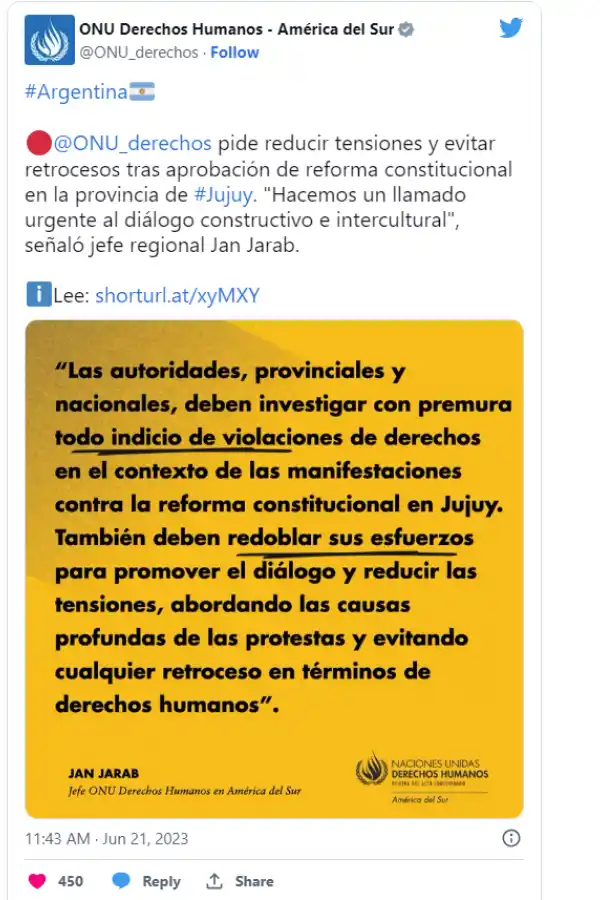 La ONU expresó su preocupación por Jujuy: pide “reducir tensiones y evitar retrocesos”