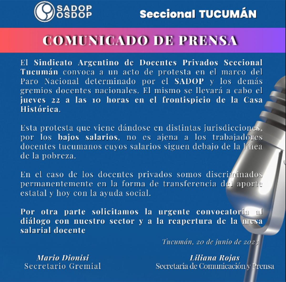 EL COMUNICADO. Desde la seccional Tucumán de Sadop se manifestaron en conformidad con la medida de fuerza nacional. 