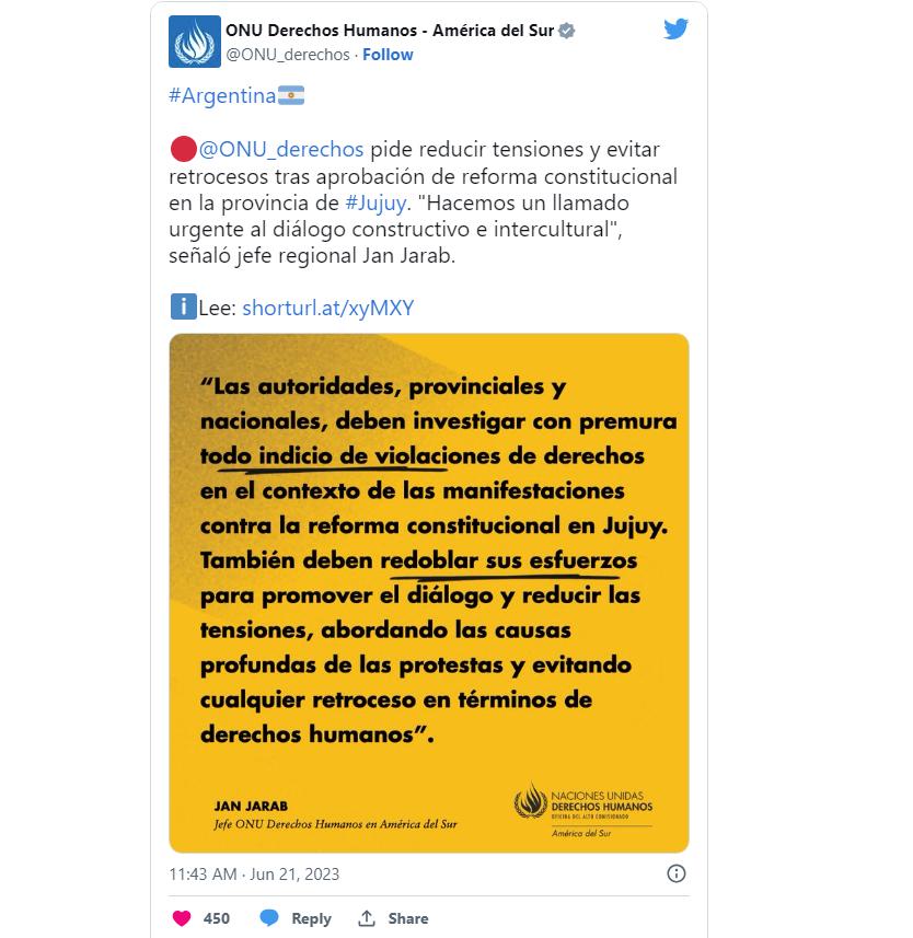 La ONU expresó su preocupación por Jujuy: pide “reducir tensiones y evitar retrocesos”