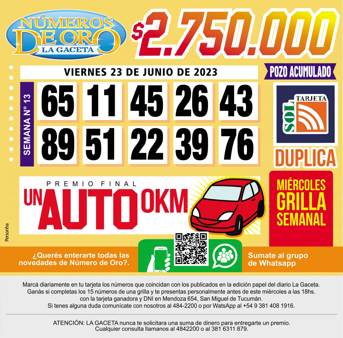 Los Números de Oro de LA GACETA del 23 de junio de 2023