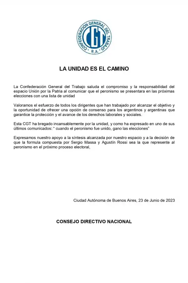 La CGT expresó su apoyo a la fórmula Massa-Rossi:  Cada vez que el peronismo fue unido, ganó las elecciones
