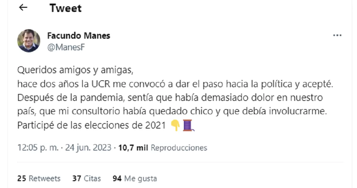 Facundo Manes se bajó de su precandidatura: cuáles fueron sus argumentos