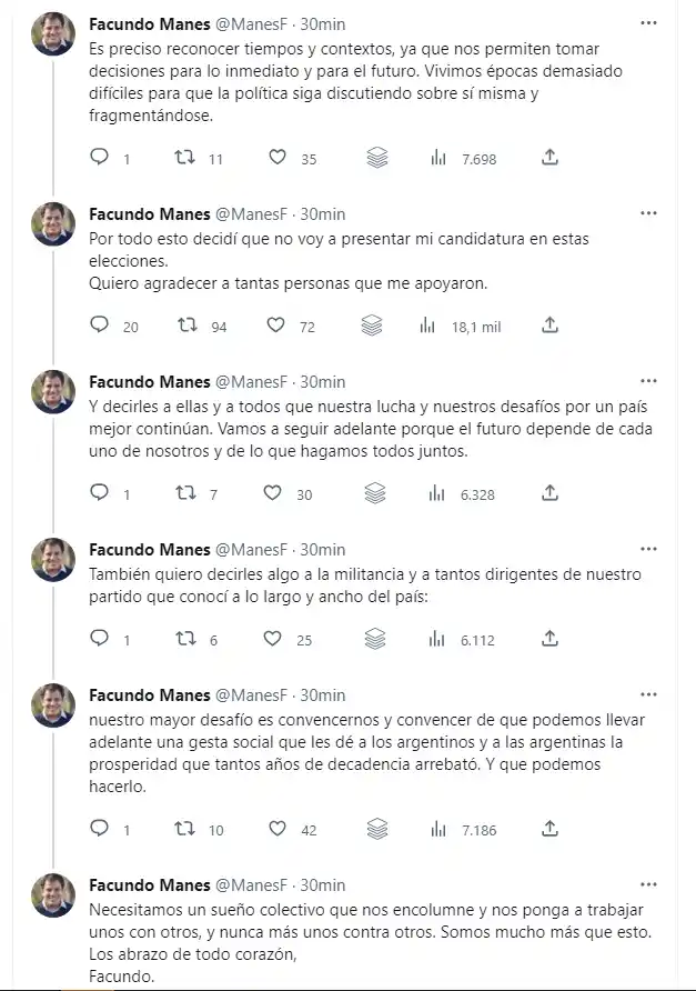 Facundo Manes se bajó de su precandidatura: cuáles fueron sus argumentos