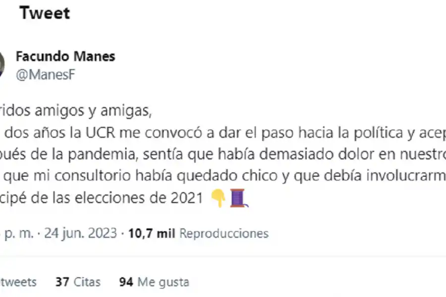 Facundo Manes se bajó de su precandidatura: cuáles fueron sus argumentos