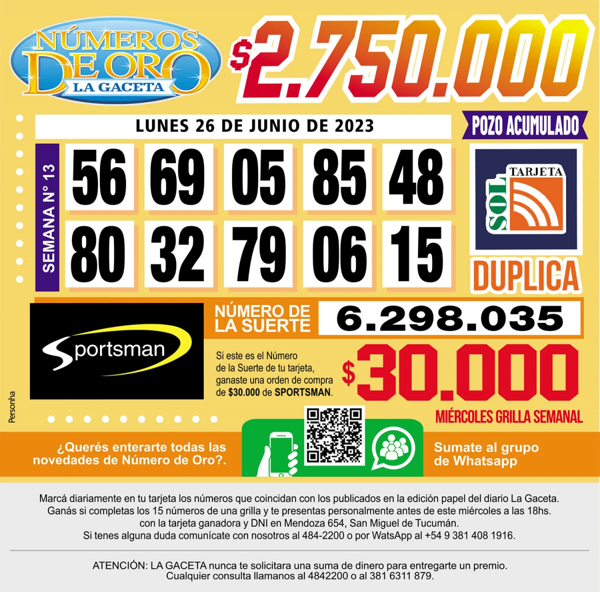 Los Números de Oro de LA GACETA del 26 de junio de 2023