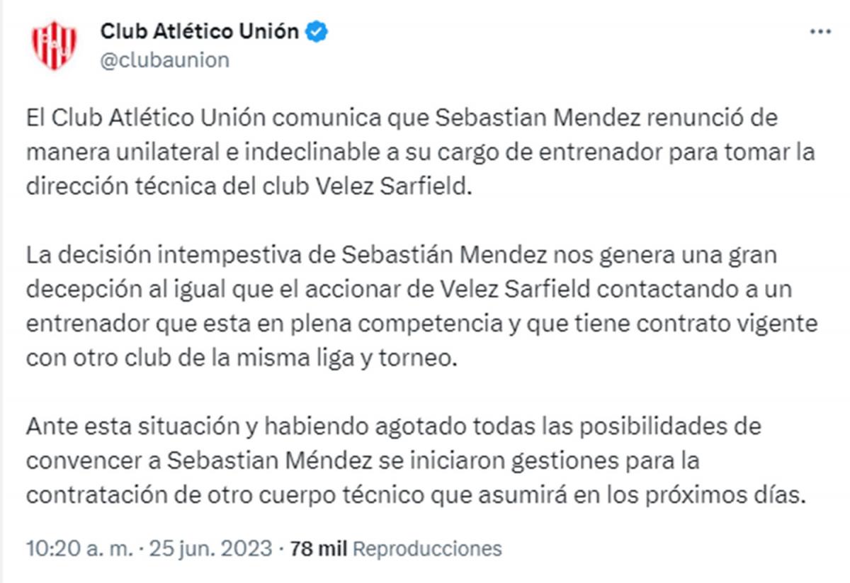 Antes de visitar a Atlético Tucumán, Sebastián Méndez renunció como DT de Unión