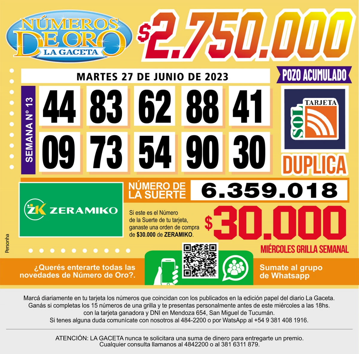 Los Números de Oro de LA GACETA del 27 de junio de 2023