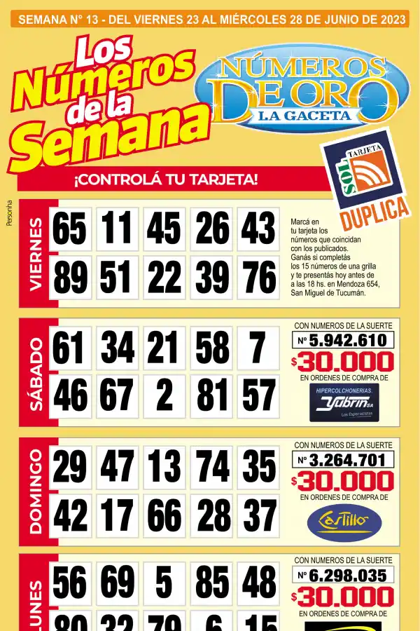 Esta es la grilla completa de los Números de Oro de LA GACETA del 21 de junio de 2023