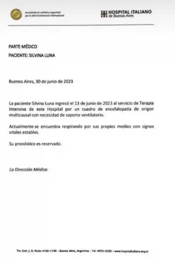 La familia de Silvina Luna dio a conocer el primer parte médico oficial