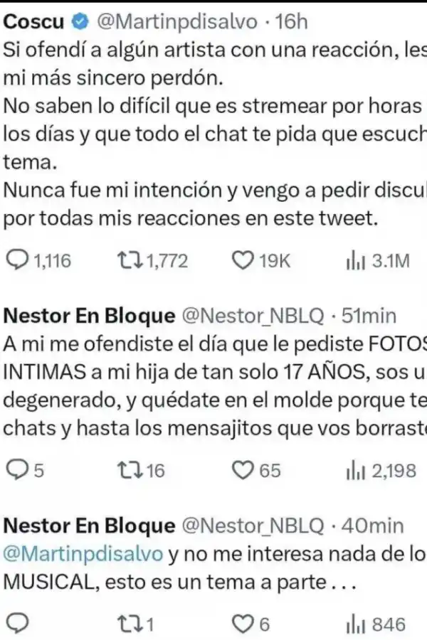 Néstor en bloque cruzó a Coscu en Twitter y lo acusó de haber cometido grooming con su hija.