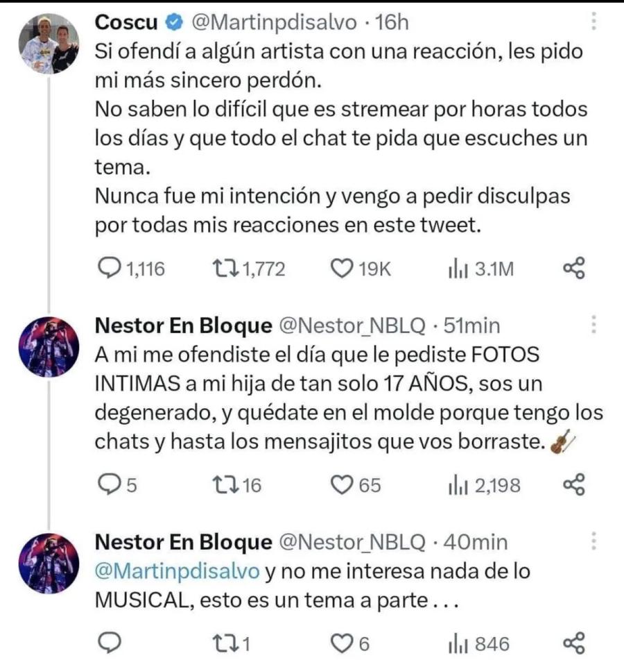 Néstor en bloque cruzó a Coscu en Twitter y lo acusó de haber cometido grooming con su hija.