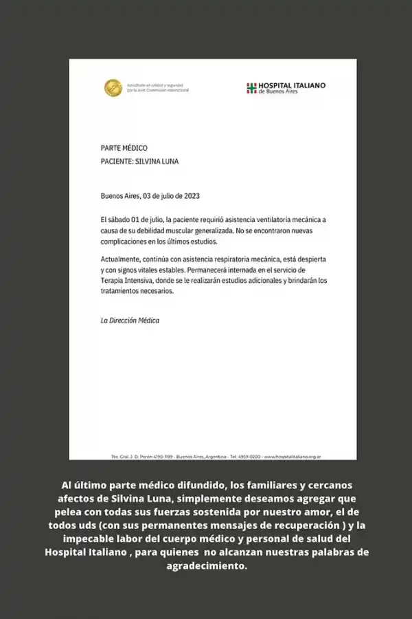 El último parte médico sobre la salud de Silvina Luna y el mensaje de su familia