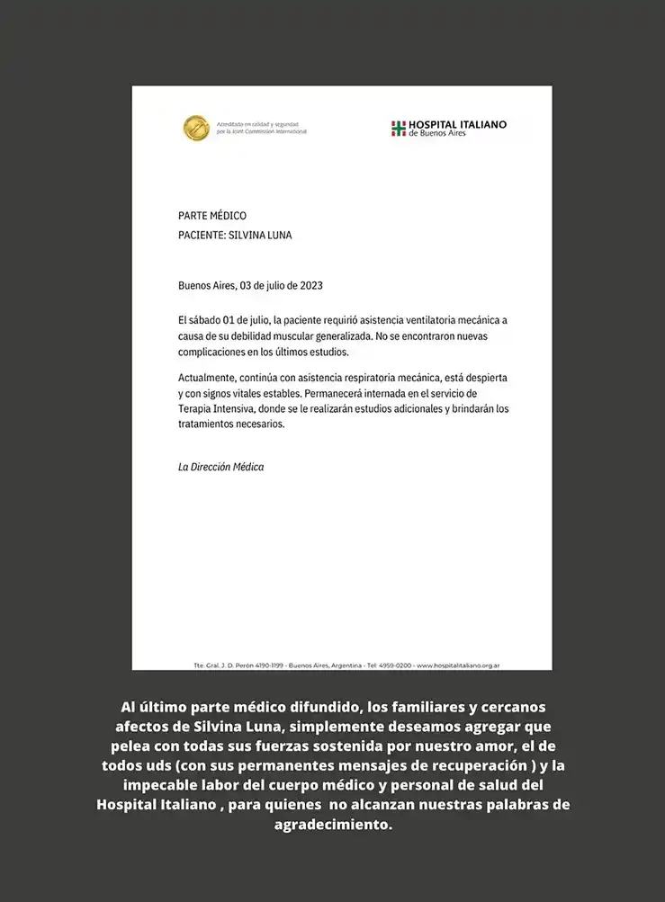 El último parte médico sobre la salud de Silvina Luna y el mensaje de su familia