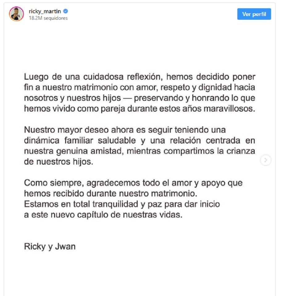 Ricky Martin, soltero: así anunció su inesperada separación de su esposo Jwan Josef