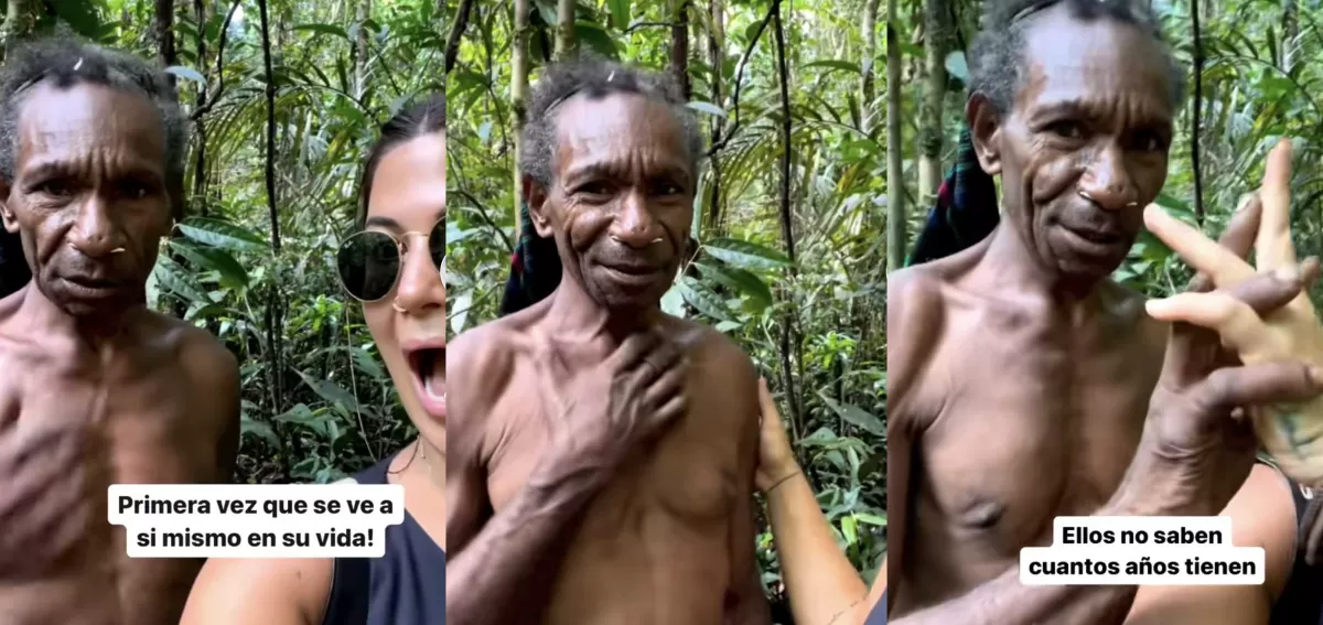 Un abuelo de las últimas tribus canívales del mundo se vió en un celular por primera vez