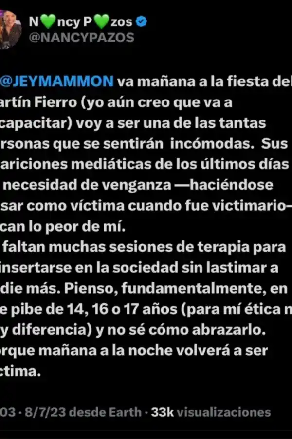 El tuit de Nancy Pazos.