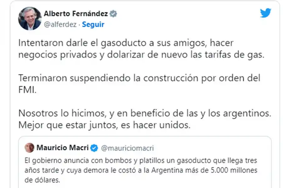 POR TWITTER. El presidente Alberto Fernández cuestionó las críticas del ex mandatario Mauricio Macri.